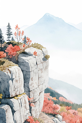 JPG 나무 컬러 일러스트 자연 하늘 바위산 산 풍경 빨간색 관광지 고요 절벽 안개 화려 오름 조화 뷰티풀 국내일러스트 AI일러스트 AI콘텐츠 식물 여행 컨셉 날씨 제주도 돌산 생태계 파일형식