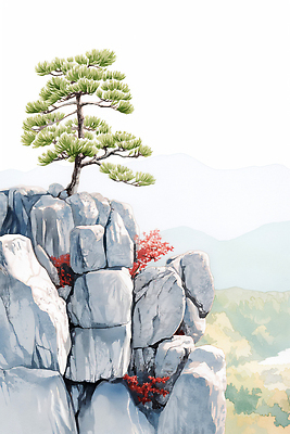 JPG 나무 식물 단풍 일러스트 자연 날씨 바위산 산 한국 풍경 여름 소나무 조화 뷰티풀 색감 국내일러스트 AI일러스트 AI콘텐츠 계절 아시아 잎 돌산 생태계 파일형식