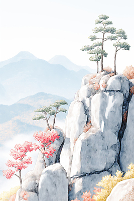 JPG 나무 컬러 단풍 일러스트 자연 하늘 바위산 산 풍경 고요 소나무 숲 높이 봉우리 조화 뷰티풀 국내일러스트 AI일러스트 AI콘텐츠 식물 잎 돌산 생태계 파일형식