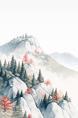 JPG 나무 단풍 일러스트 자연 바위산 산 풍경 빨간색 친구 소풍 고요 하이킹 안개 소나무 숲 신비 조화 기암절벽 뷰티풀 경관 국내일러스트 AI일러스트 AI콘텐츠 식물 컬러 컨셉 잎 관계 레저 날씨 야외활동 절벽 돌산 생태계 파일형식