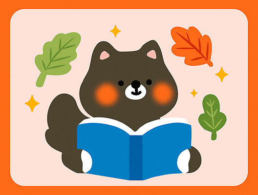 동물 캐릭터 행복 컬러 일러스트 자연 나뭇잎 웃음 풍경 일상 책 반려동물 독서 햇빛 귀여움 강아지 포근함 편안함 국내일러스트 AI파일 감정 컨셉 잎 표정 라이프 태양 감각 개 생태계 파일형식 벡터