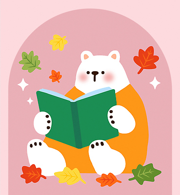 동물 캐릭터 디자인 예술 컬러 잎 일러스트 곰 자연 휴식 책 파란색 독서 주황색 포근함 조화 창의력 아기자기 국내일러스트 AI파일 식물 컨셉 포유류 감각 생태계 파일형식 벡터