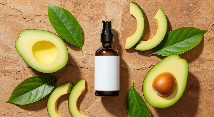 JPG 식물 편집이미지 전통 잎 자연 건강 뷰티 화장품 촉촉함 피부관리 스킨케어 아보카도 보습 유리용기 편집실사 AI포토 AI콘텐츠 과일 젖음 용기_그릇 CG 생태계 파일형식