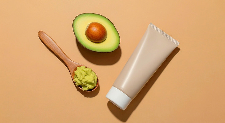 JPG 편집이미지 재료 자연 건강 뷰티 화장품 피부 크림 패키지 스킨케어 아보카도 과육 보습 소셜미디어 편집실사 AI포토 AI콘텐츠 과일 신체부위 CG 생태계 파일형식