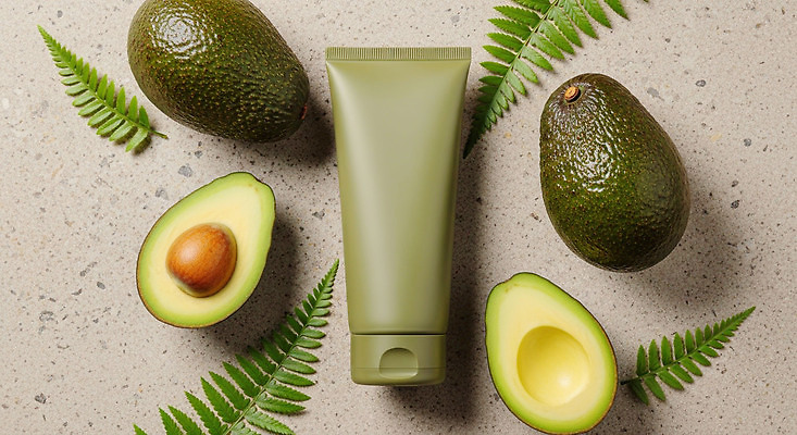 JPG 편집이미지 자연 탁자 건강 초록색 뷰티 화장품 피부 유기농 천연 스킨케어 성분 아보카도 보습 편집실사 AI포토 AI콘텐츠 웰빙 컬러 가구 과일 신체부위 CG 생태계 파일형식