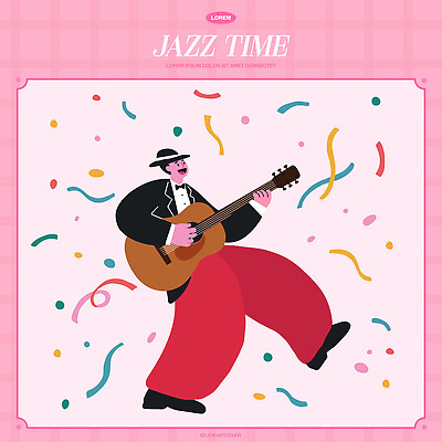 캐릭터 남자 감정 예술 음악 컬러 연주 일러스트 이벤트 장식 파티 축제 공연 기타 춤 화려 분위기 즐거움 오브젝트 재즈 리듬 국내일러스트 AI파일 컨셉 현악기 문화예술 사람 파일형식 벡터