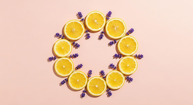 JPG 식물 편집이미지 디자인 분홍색 컬러 백그라운드 자연 장식 여름 원형 레몬 슬라이스 향기 조화 라벤더 뷰티풀 편집실사 도형 계절 꽃 과일 허브 CG 생태계 냄새 파일형식