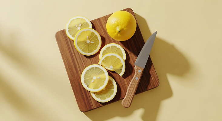 JPG 편집이미지 음식 과일 식재료 주방용품 건강 요리 주방 신선 칼 레몬 슬라이스 레시피 나무도마 편집실사 생활용품 도마 목재 CG 파일형식