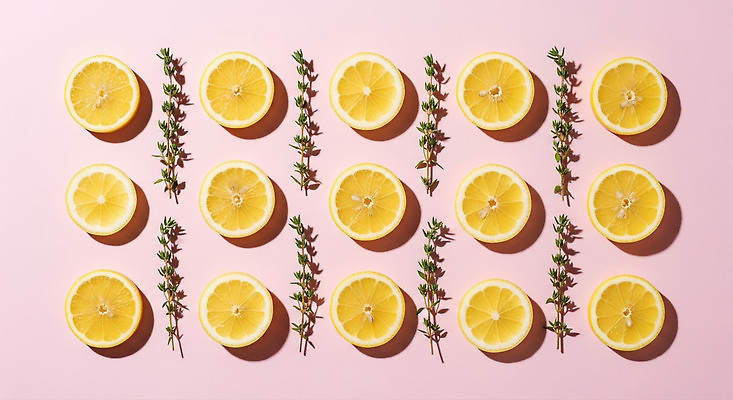 JPG 편집이미지 분홍색 백그라운드 과일 재료 요리 장식 여름 신선 레몬 허브 일렬 조화 편집실사 식물 계절 컬러 CG 파일형식