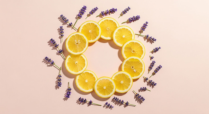 JPG 식물 편집이미지 디자인 컬러 과일 자연 장식 노란색 평화 보라색 원형 배열 레몬 향기 라벤더 뷰티풀 편집실사 도형 꽃 컨셉 허브 CG 생태계 냄새 파일형식