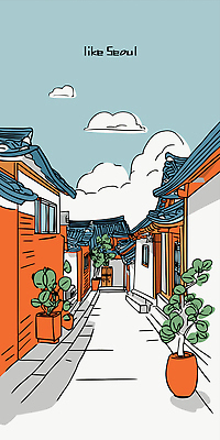 전통 건축 화분 문화 길 일러스트 자연 하늘 거리 주택 서울 한국 기와 풍경 일상 파란색 골목길 조용 국내일러스트 AI파일 아시아 컬러 건물 라이프 생태계 파일형식 벡터