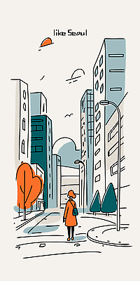 나무 가로등 일러스트 하늘 거리 서울 사람 풍경 건물 일상 생활 빨간색 파란색 걷기 외투 도시 도심 그림 국내일러스트 AI파일 식물 건축물 공공시설 컬러 상의 모션 한국 라이프 파일형식 벡터
