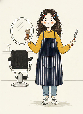 JPG 긴머리 헤어스타일 일러스트 실내 앞치마 거울 도구 표현 대기 작업 파마 미용실 편안함 미용사 청소 오브젝트 준비 손에든 스타일링 국내일러스트 직업 내부 감각 뷰티샵 파일형식