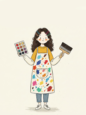 JPG 손 디자인 예술 컬러 일러스트 재료 놀이 표정 작업복 웃음 소녀 희망 물감 붓 작업 즐거움 준비 그림 화가 창의성 창작 국내일러스트 직업 옷 여자 감정 어린이 신체부위 미술도구 파일형식