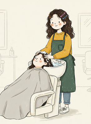 JPG 헤어스타일 감정 일러스트 휴식 친절 따뜻함 소녀 일상 뷰티 머리 미용실 편안함 미용사 서비스 준비 헤어관리 샴푸 머리감기 소통 소프트 국내일러스트 직업 여자 어린이 컨셉 라이프 신체부위 위생용품 청결 감각 뷰티샵 파일형식