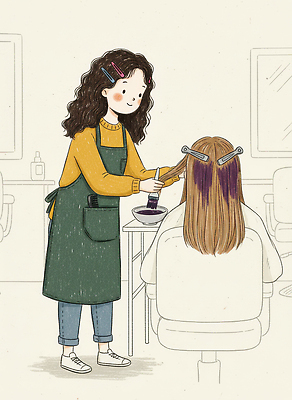 JPG 헤어스타일 여자 컬러 의자 일러스트 화장 머리카락 기쁨 미용용품 미용실 미용사 고객 즐거움 정리 염색 시술 스텝 염색약 국내일러스트 직업 감정 가구 사람 뷰티 머리 뷰티샵 오브젝트 파일형식