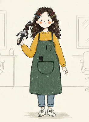 JPG 직업 여자 패션 일러스트 초록색 노란색 머리카락 머리 앞치마 도구 작업 파마 미용실 미용사 스웨터 즐거움 서비스 준비 변신 스타일링 창의성 국내일러스트 헤어스타일 감정 컬러 상의 사람 신체부위 뷰티샵 파일형식