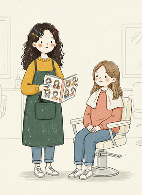 JPG 캐릭터 긴머리 헤어스타일 여자 의자 일러스트 친절 실내 그래픽 시간 선택 미용실 미용사 이발 서비스 고민 상담 스타일링 국내일러스트 직업 감정 가구 컨셉 사람 내부 뷰티샵 파일형식