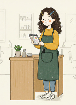 JPG 식물 직업 일러스트 실내 관리 일상 뷰티 머리카락 도구 업무 작업 미용실 미용사 청소 고객 서비스 소통 일정표 작업대 스타일 국내일러스트 컨셉 내부 라이프 머리 뷰티샵 파일형식