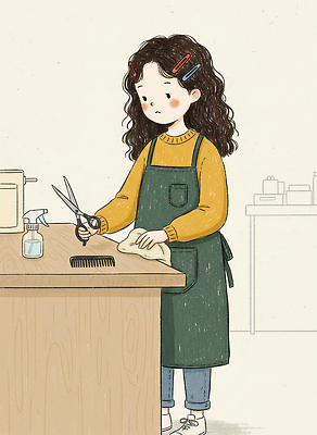 JPG 직업 헤어스타일 패션 컬러 일러스트 탁자 소녀 일상 머리 앞치마 도구 공구 머리빗 미용실 미용사 청소 준비 작업대 창의성 국내일러스트 여자 어린이 가구 라이프 신체부위 미용용품 뷰티샵 파일형식