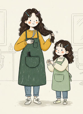 JPG 긴머리 헤어스타일 손 행복 어린이 일러스트 가족 사랑 웃음 소녀 초록색 머리 작업 미용실 미용사 관심 다듬기 스타일링 국내일러스트 직업 여자 감정 컬러 관계 모션 표정 사람 신체부위 뷰티샵 파일형식