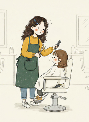 JPG 행복 의자 일러스트 조명 실내 웃음 소녀 머리카락 머리 도구 머리빗 씻기 미용실 미용사 이발 자르기 서비스 전문 Styling 국내일러스트 직업 여자 감정 어린이 가구 모션 표정 내부 신체부위 청결 미용용품 뷰티샵 파일형식