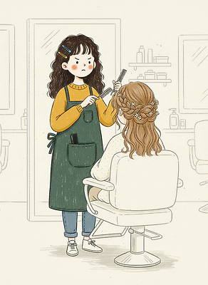 JPG 헤어스타일 의자 일러스트 소녀 머리카락 머리 도구 작업 분위기 미용실 편안함 미용사 고객 집중 서비스 소통 다듬기 뷰티풀 스타일링 국내일러스트 직업 여자 어린이 가구 컨셉 모션 신체부위 감각 뷰티샵 파일형식