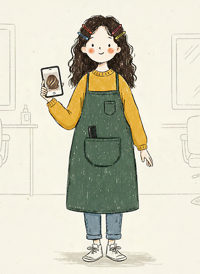 JPG 직업 헤어스타일 옷 여자 일러스트 핸드폰 뷰티 머리카락 촬영 앞치마 미용실 스웨터 고객 소통 스타일 국내일러스트 컨셉 상의 사람 전자제품 머리 뷰티샵 파일형식