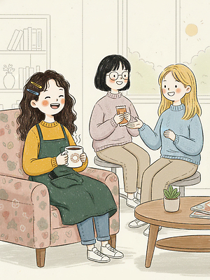 JPG 식물 라이프스타일 행복 일러스트 함께함 따뜻함 대화 미소 웃음 취미 친구 인테리어 소파 카페 편안함 즐거움 홈스쿨링 국내일러스트 디자인 감정 컨셉 의자 관계 표정 말하기 생활 상점 감각 홈스쿨 파일형식