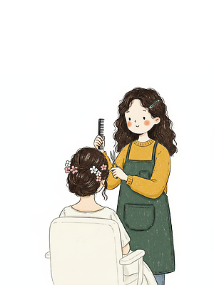 JPG 헤어스타일 여자 행복 일러스트 모션 뷰티 머리빗 미용용품 미용실 미용사 이발 고객 즐거움 화사함 머리손질 시술 소통 스타일링 국내일러스트 직업 감정 컨셉 사람 뷰티샵 오브젝트 파일형식