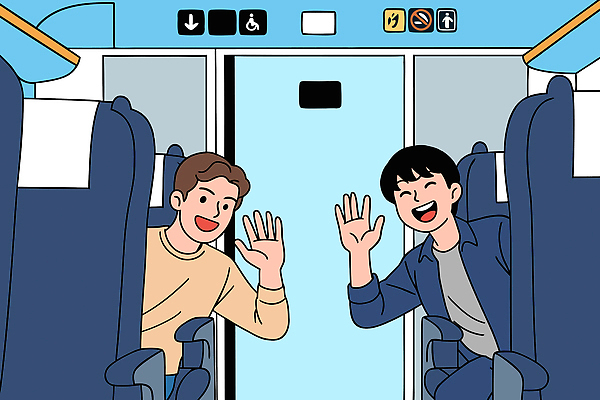 감정 육상교통 교통 컨셉 관계 모션 대중교통 표정 말하기 내부 라이프 감각 파일형식 벡터 기차 친구 손흔들기 대화 즐거움 여행 생활 이동 웃음 행복 실내 교통수단 친목 컬러 편안함 일상 일러스트 국내일러스트 AI파일