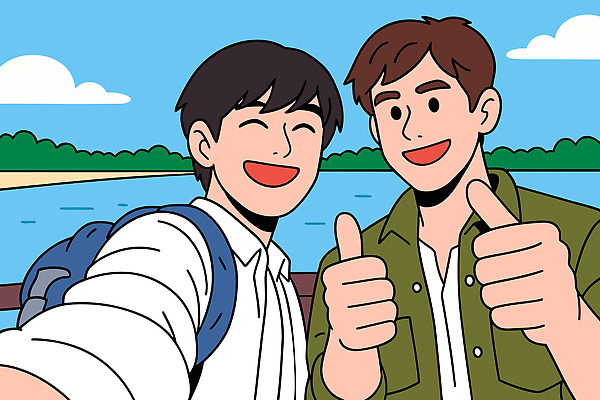 계절 감정 컬러 컨셉 관계 표정 사람 사진촬영 생태계 파일형식 벡터 남자 호수 셀프카메라 친구 웃음 야외 자연 여름 즐거움 여행 백그라운드 빨간색 모션 두명 사계절 청춘 일러스트 국내일러스트 AI파일