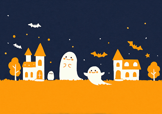 JPG 나무 별 백그라운드 일러스트 밤하늘 하늘 동화 주택 풍경 장식 귀여움 마을 축제 주황색 할로윈 유령 즐거움 공포 왕국 국내일러스트 AI일러스트 AI콘텐츠 자연요소 식물 감정 컬러 컨셉 건물 야간 파일형식