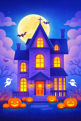 JPG 캐릭터 상징 컬러 일러스트 호박 주택 풍경 장식 축제 할로윈 달 분위기 유령 초승달 신비 그림 공포 마법 초롱 국내일러스트 AI일러스트 AI콘텐츠 자연요소 컨셉 채소 건물 등불 파일형식