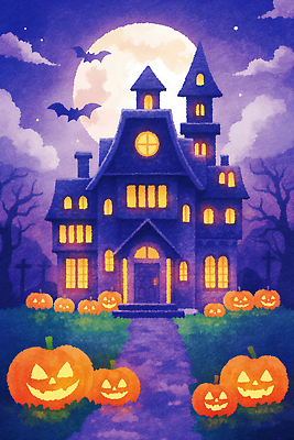 JPG 백그라운드 일러스트 상상 호박 조명 주택 풍경 빛 축제 어둠 할로윈 신비 그림 캔버스 마법 유령의집 국내일러스트 AI일러스트 AI콘텐츠 컨셉 채소 건물 파일형식