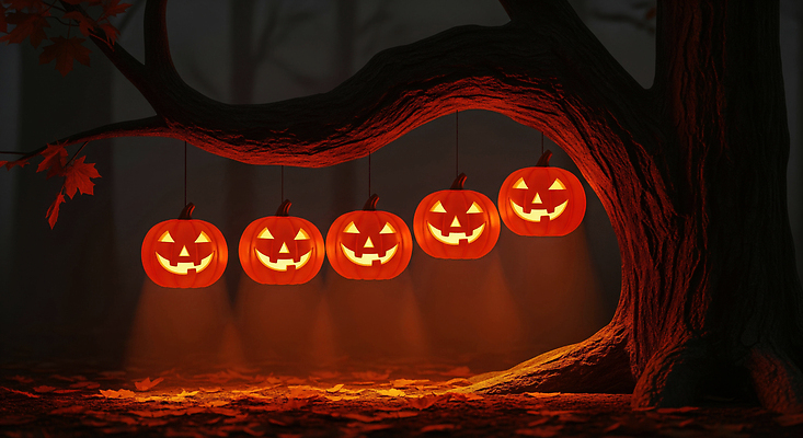 JPG 나무 편집이미지 계절 조명 풍경 장식 빛 축제 어둠 할로윈 분위기 숲 신비 잭오랜턴 이미지편집 AI컴퓨터그래픽 AI콘텐츠 식물 컨셉 파일형식