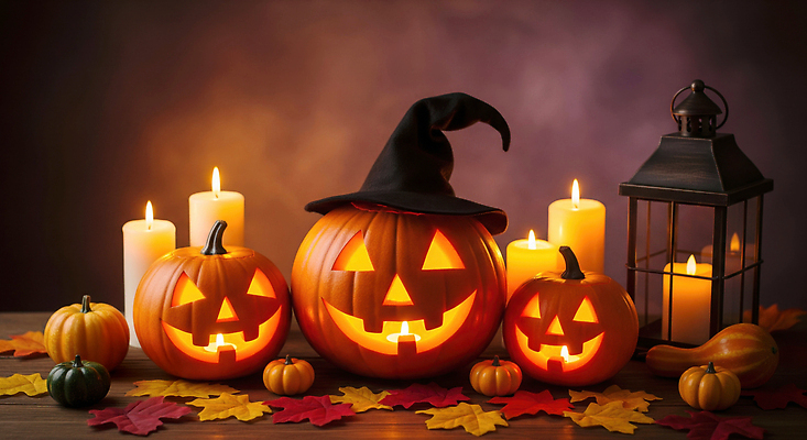 JPG 편집이미지 단풍 잎 촛불 호박 장식 장난감 파티 사각형 검은색 주황색 할로윈 분위기 신비 이미지편집 AI컴퓨터그래픽 AI콘텐츠 도형 식물 컬러 컨셉 채소 초 이벤트 파일형식