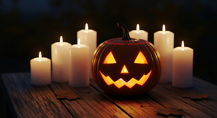 JPG 편집이미지 전통 촛불 자연 탁자 호박 장식 빛 파티 할로윈 분위기 저녁 지역 잭오랜턴 이미지편집 AI컴퓨터그래픽 AI콘텐츠 가구 컨셉 채소 초 이벤트 야간 생태계 파일형식