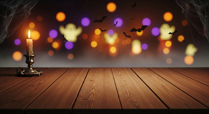 JPG 편집이미지 기념일 컬러 촛불 탁자 장식 빛 파티 축제 할로윈 축하 시간 생일 분위기 유령 박쥐 이미지편집 AI컴퓨터그래픽 AI콘텐츠 가구 컨셉 초 포유류 이벤트 파일형식