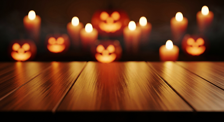 JPG 편집이미지 전통 계절 촛불 탁자 호박 조명 이벤트 장식 파티 축제 할로윈 분위기 나무탁자 이미지편집 AI컴퓨터그래픽 AI콘텐츠 가구 컨셉 채소 초 파일형식