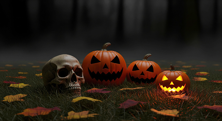 JPG 편집이미지 잎 호박 해골 신전 장식 빛 축제 어둠 할로윈 숲 신비 공포 마법 이미지편집 AI컴퓨터그래픽 AI콘텐츠 식물 컨셉 고건축 채소 뼈 파일형식