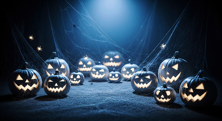 JPG 편집이미지 기념일 호박 조명 웃음 장식 빛 파티 축제 할로윈 분위기 유령 신비 거미줄 이미지편집 AI컴퓨터그래픽 AI콘텐츠 컨셉 채소 표정 이벤트 파일형식