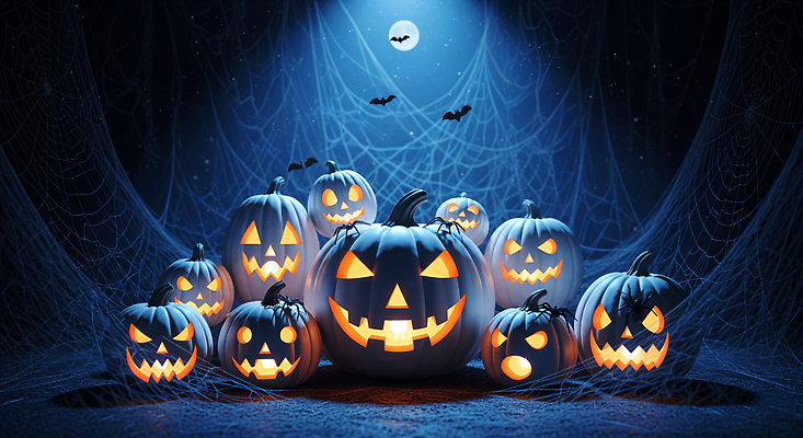 JPG 편집이미지 캐릭터 예술 호박 조명 장식 빛 축제 할로윈 분위기 신비 거미줄 공포 테마 이미지편집 AI컴퓨터그래픽 AI콘텐츠 컨셉 채소 파일형식