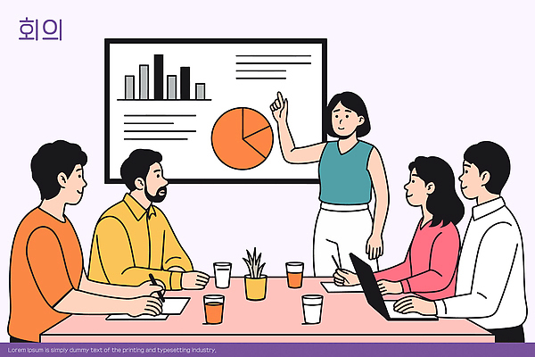 여자 남자 일러스트 회의 커뮤니케이션 그래프 협력 아이디어 사무실 자료 업무 발표 집중 회의실 서류판 프로젝트 피드백 브레인스토밍 상호작용 국내일러스트 AI파일 컨셉 비즈니스 사람 사무용품 작업 파일형식 벡터