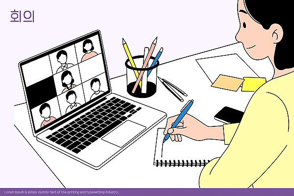 일러스트 회의 표정 사람 학습 컴퓨터 사무실 스크린 공책 기록 시간 업무 작업 집중 장면 영상 소통 영상통화 국내일러스트 AI파일 교육 컨셉 비즈니스 문구용품 전자제품 통화 파일형식 벡터
