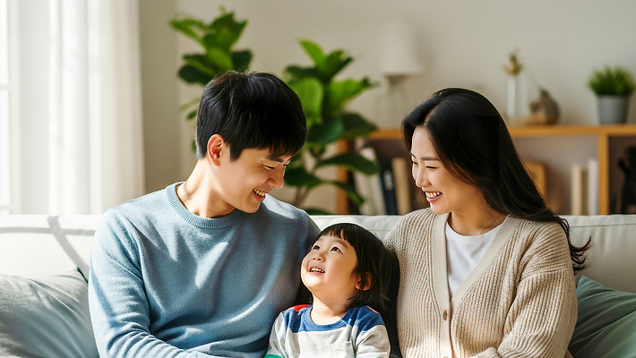 JPG 편집이미지 부부 행복 어린이 거실 가족 관계 따뜻함 대화 사랑 웃음 일상 생활 평화 편안함 순간 편집실사 커플 감정 컨셉 표정 말하기 사람 라이프 감각 CG 파일형식