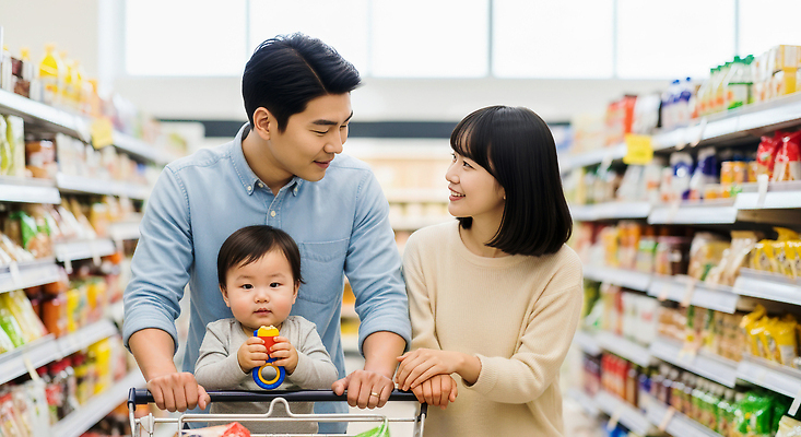 JPG 편집이미지 행복 어린이 가족 함께함 대화 웃음 일상 쇼핑 장보기 부모 소비 즐거움 마트 생필품 편집실사 감정 컨셉 관계 표정 말하기 사람 라이프 상점 CG 오브젝트 파일형식