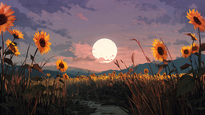 JPG 꽃 실루엣 여유 밭 일러스트 자연 하늘 해바라기 풍경 여름 농장 평화 일몰 캠핑 저녁 달빛 산기슭 뷰티풀 풍경화 국내일러스트 식물 계절 감정 컨셉 농업 레저 산 촬영기법 노을 달 야간 그림 생태계 파일형식