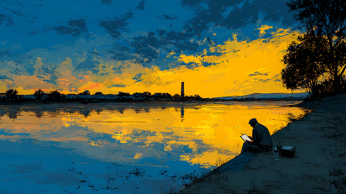 JPG 노년 여유 물결 예술 일러스트 자연 하늘 풍경 물 강 반사 평화 노을 일몰 감상 저녁 강가 그림 뷰티풀 차분 국내일러스트 자연요소 감정 컨셉 성인 야간 생태계 파일형식