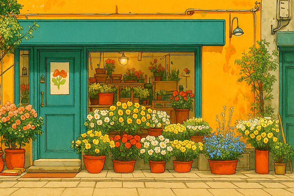 식물 디자인 컬러 컨셉 라이프 상점 생태계 파일형식 꽃집 꽃 화분 화사함 노란색 파란색 문 벽 풍경 자연 일상 발코니 화단 정원 도시 장식 인테리어 일러스트 국내일러스트 JPG